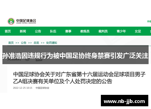 孙准浩因违规行为被中国足协终身禁赛引发广泛关注 孙准浩因违规行为被中国足协终身禁赛引发广泛关注