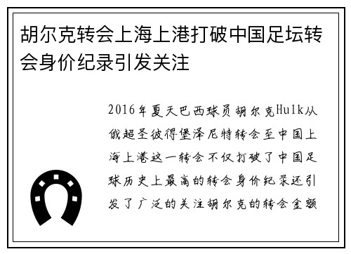 胡尔克转会上海上港打破中国足坛转会身价纪录引发关注 胡尔克转会上海上港打破中国足坛转会身价纪录引发关注
